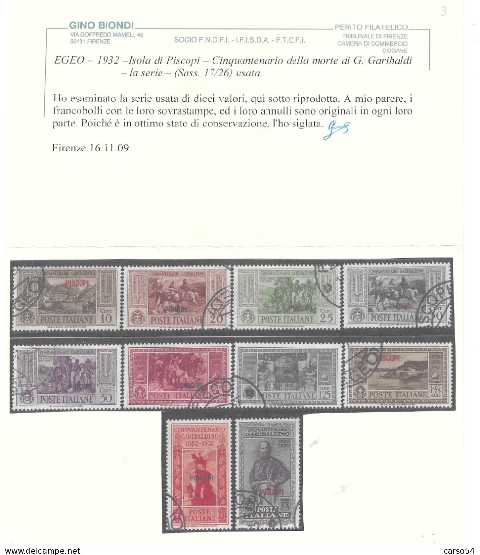 EGEO 1932 CINQUANTENARIO MORTE DI GARIBALDI -SERIE COMPLETA 14 ISOLE -SASSONE 6.500 EURO