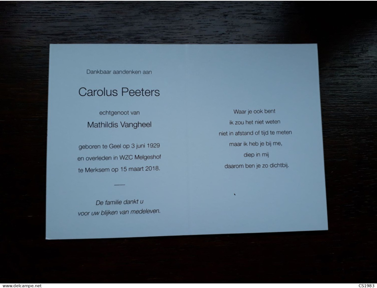 Carolus Peeters ° Geel 1929 + Merksem 2018 X Mathildis Vangheel - Décès