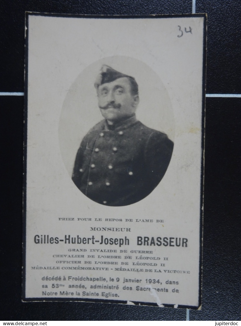 Gilles Brasseur Grand Invalide De Guerre Froidchapelle 1934 à 53 Ans  /34/ - Devotion Images