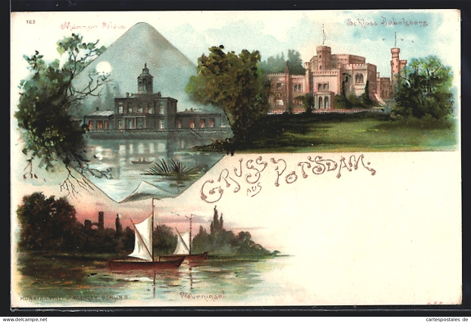 Lithographie Potsdam, Marmor Palais, Schloss Babelsberg, Pfaueninsel Mit Segelbooten  - Potsdam