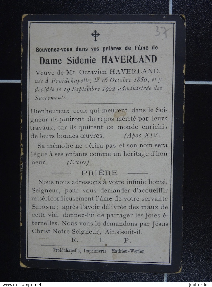 Sidonie Haverland Vve Haverland Froidchapelle 1850  1922  /38/ - Devotieprenten