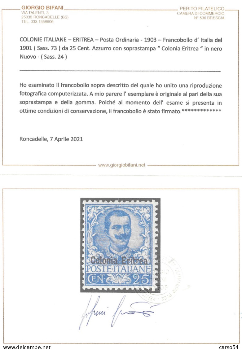 ERITREA Francobollo D’Italia Del 1901da 25 Cent. Sovrastampa Colonia Eritrea (Sassone 24) Valore 1.625 Euro - Erythrée