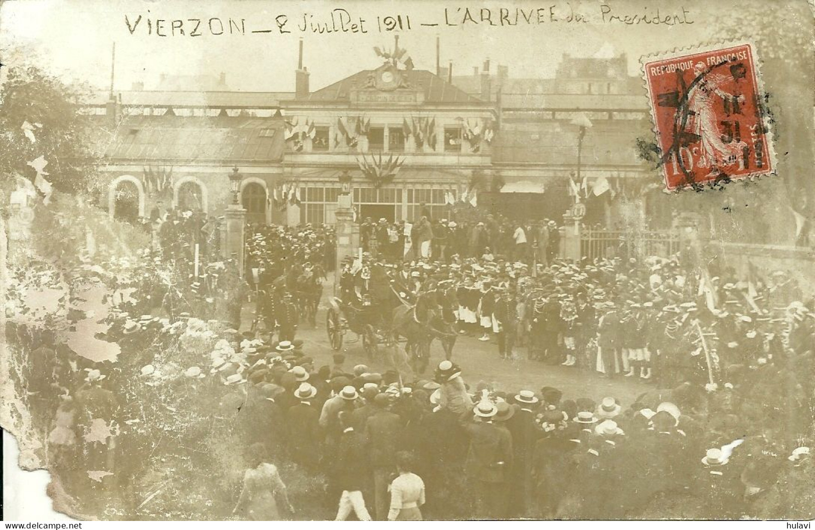 18  VIERZON - CARTE PHOTO - 2 JUILLET 1911 - L' ARRIVEE DU PRESIDENT (mauvais état) (ref A851) - Vierzon