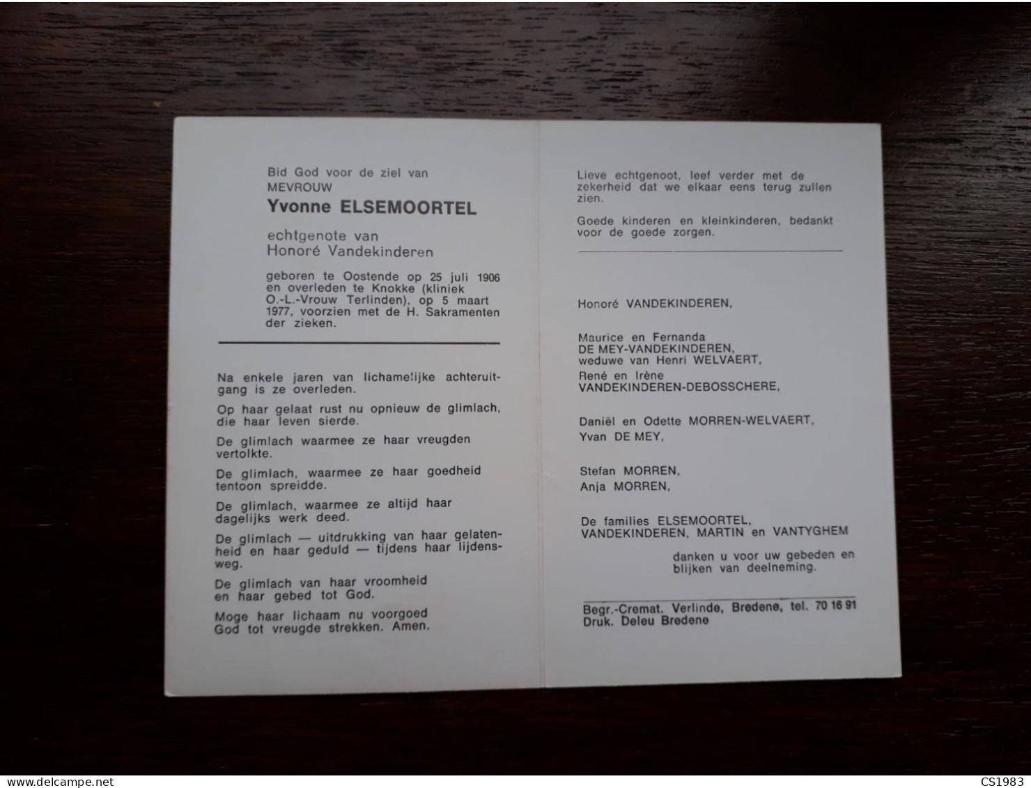 Yvonne Elsemoortel ° Oostende 1906 + Knokke 1977 X Honoré Vandekinderen (Fam: Martin - Vantyghem - Welvaert - De Mey) - Todesanzeige