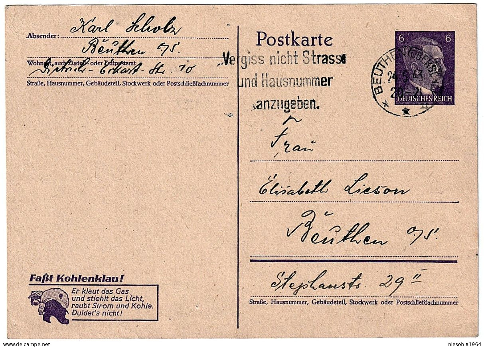 Nazi Germany WW2 Propaganda Postcard Mi P 312 - 05/24/1943, Captures Coal Stealing! / Faßt Kohlenklau! - Cartes Postales