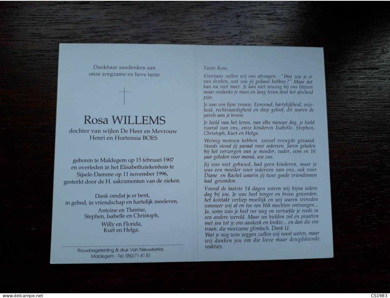 Rosa Willems ° Maldegem 1907 + Sijsele-Damme 1996 (Fam: Boes) - Obituary Notices