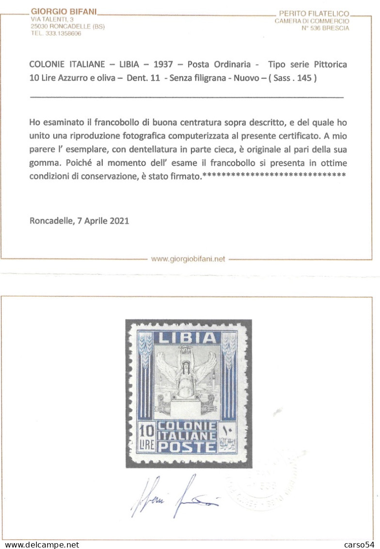 LIBIA 1937 Serie Pittorica 10 Lire Azzurro Oliva Dent. 11 Senza Filigrana (Sassone 145) Catalogo Euro 1.400 - Libyen