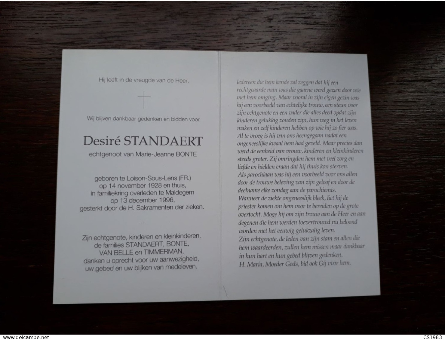 Desiré Standaert ° Loison-Sous-Lens (Fr.) 1928 + Maldegem 1996 X Marie-Jeanne Bonte (Fam: Van Belle - Timmerman) - Obituary Notices