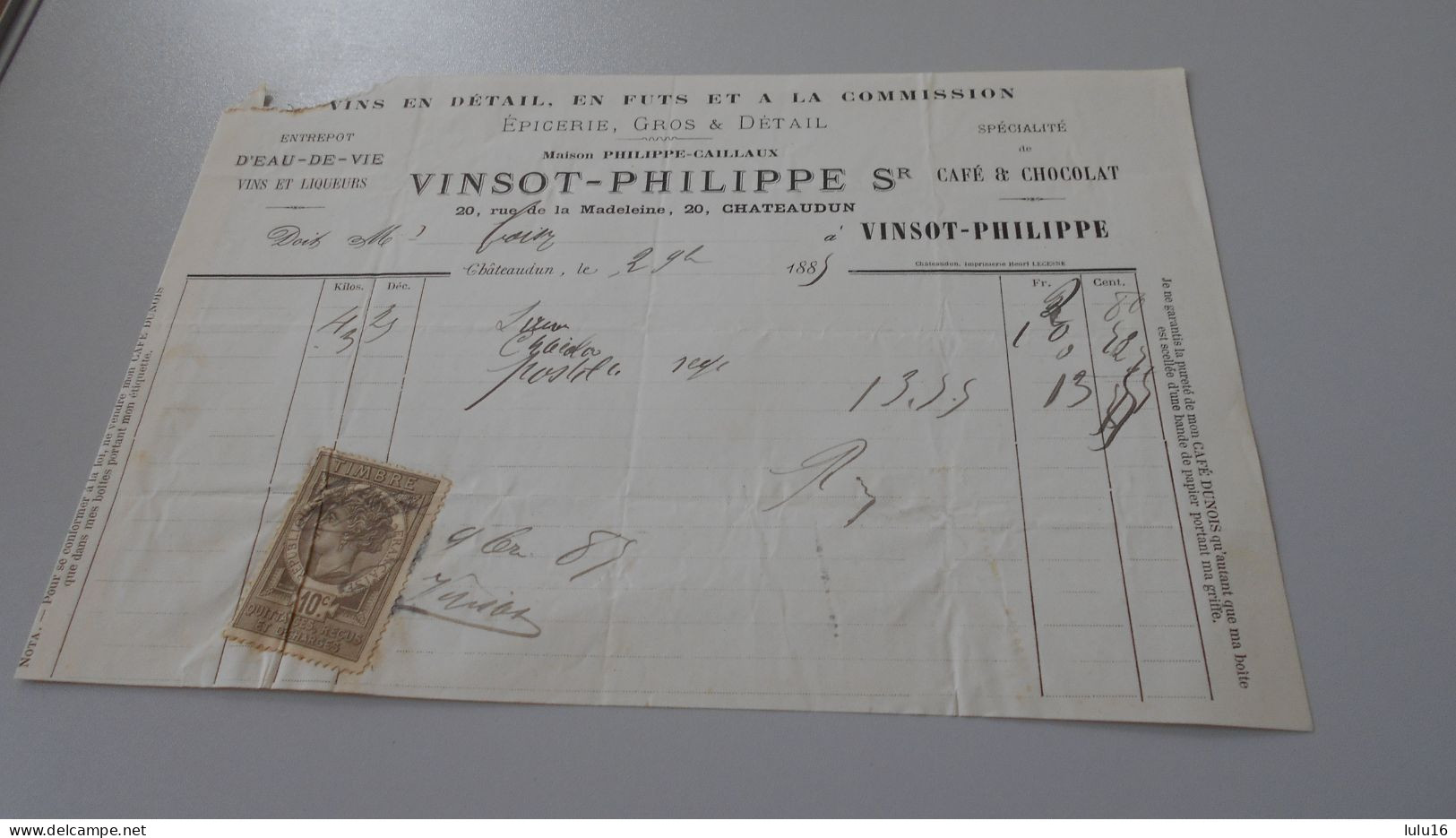CHATEAUDUN VINSOT PHILIPPE VINS EN DETAIL  EN FUTS ET A LA COMMISSION - 1900 – 1949