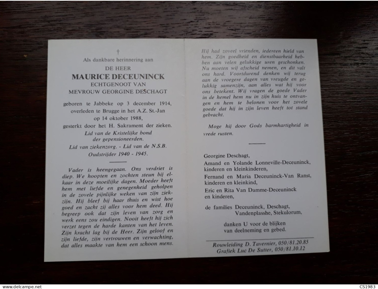 Maurice Deceuninck ° Jabbeke 1914 + Brugge 1988 X Georgine Deschagt (Fam: Vandenplasshe - Stekulorum) - Obituary Notices