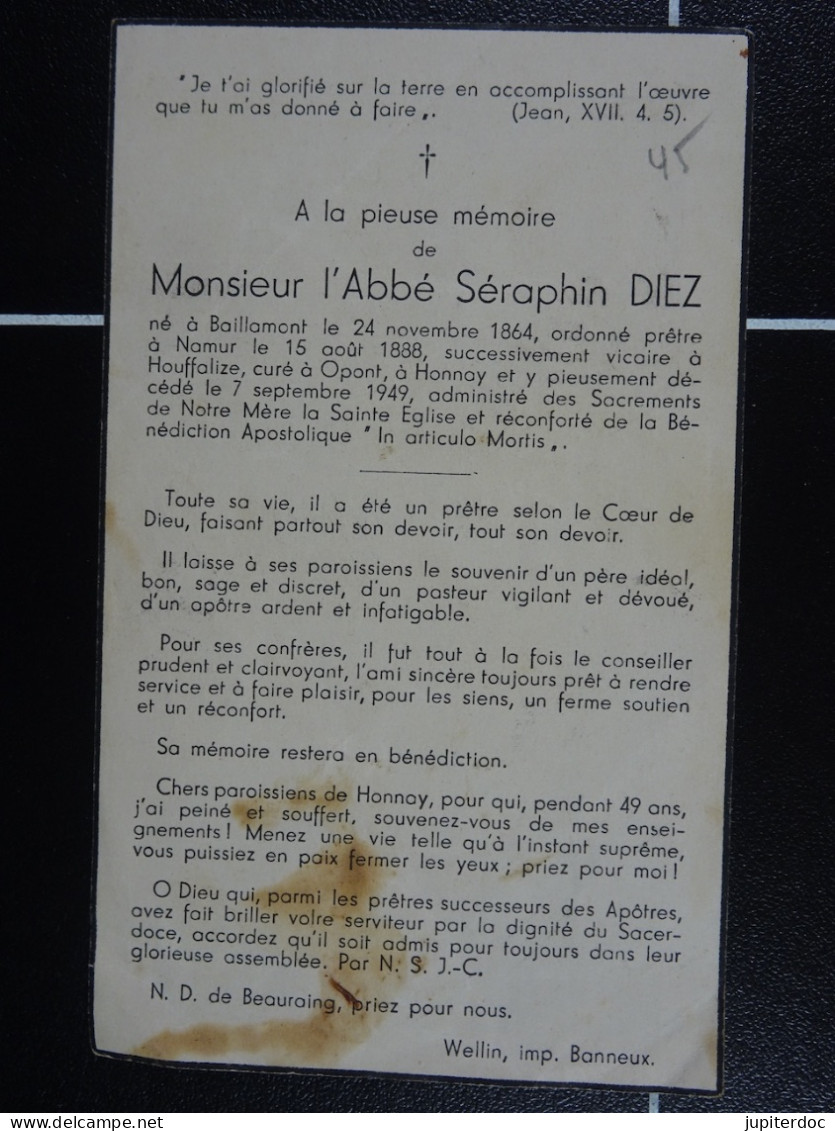 Abbé Séraphin Diez Baillamont 1864 Houffalize, Opont, Honnay 1949  /46/ - Images Religieuses