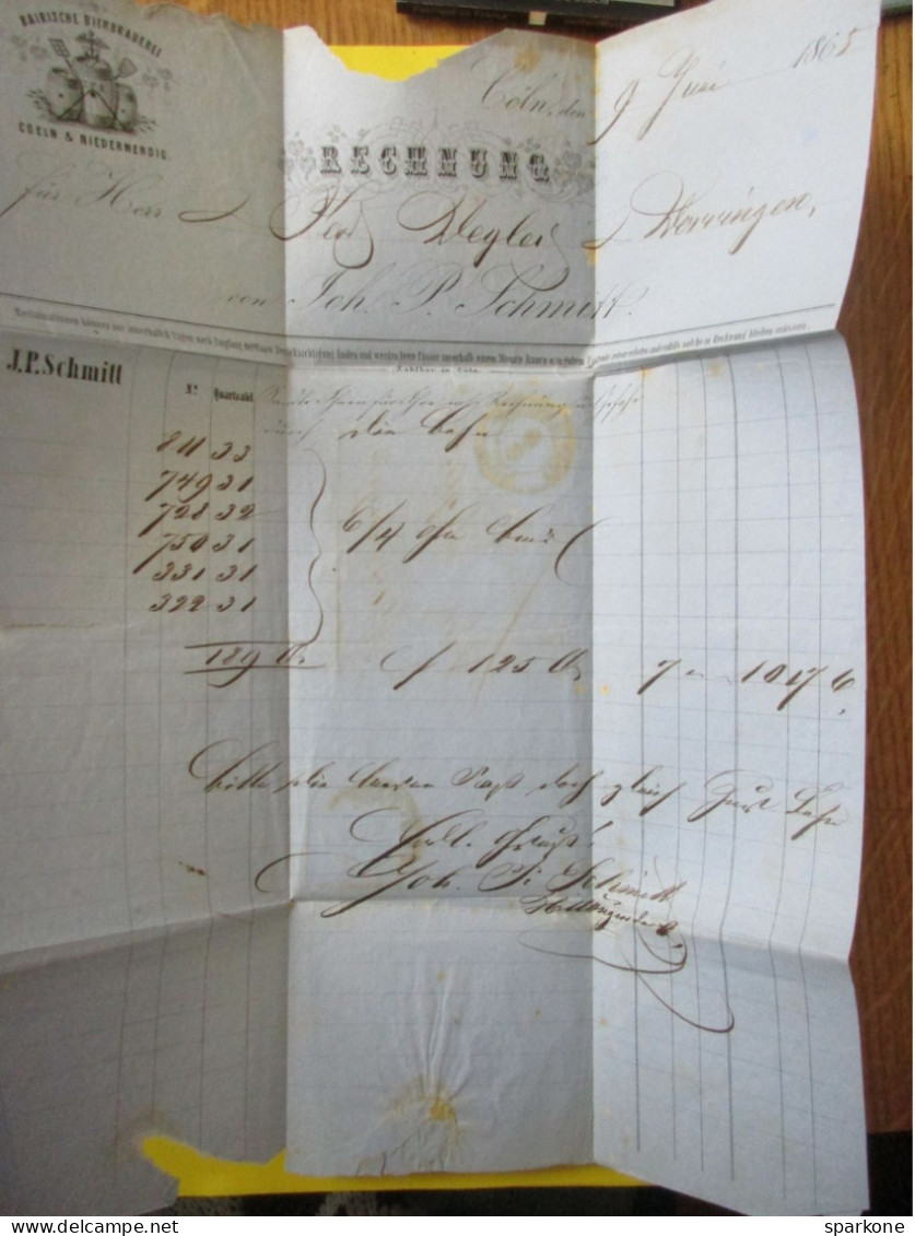 Macrophilie - Enveloppe Lettre - JOH.PET SCHMITZ BRAUEREI-BESITZER - Cöln Bahnhof - Cologne 1865 - Prussen Ein Silb.Cr - Lettres & Documents