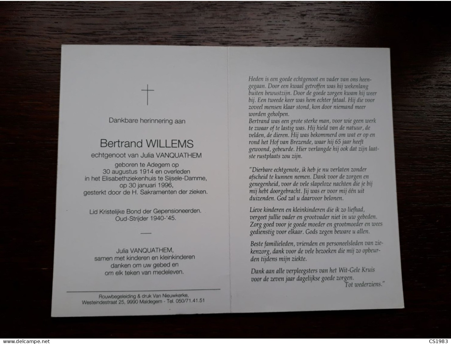 Bertrand Willems ° Adegem 1914 + Sijsele-Damme 1996 X Julia Vanquathem - Obituary Notices