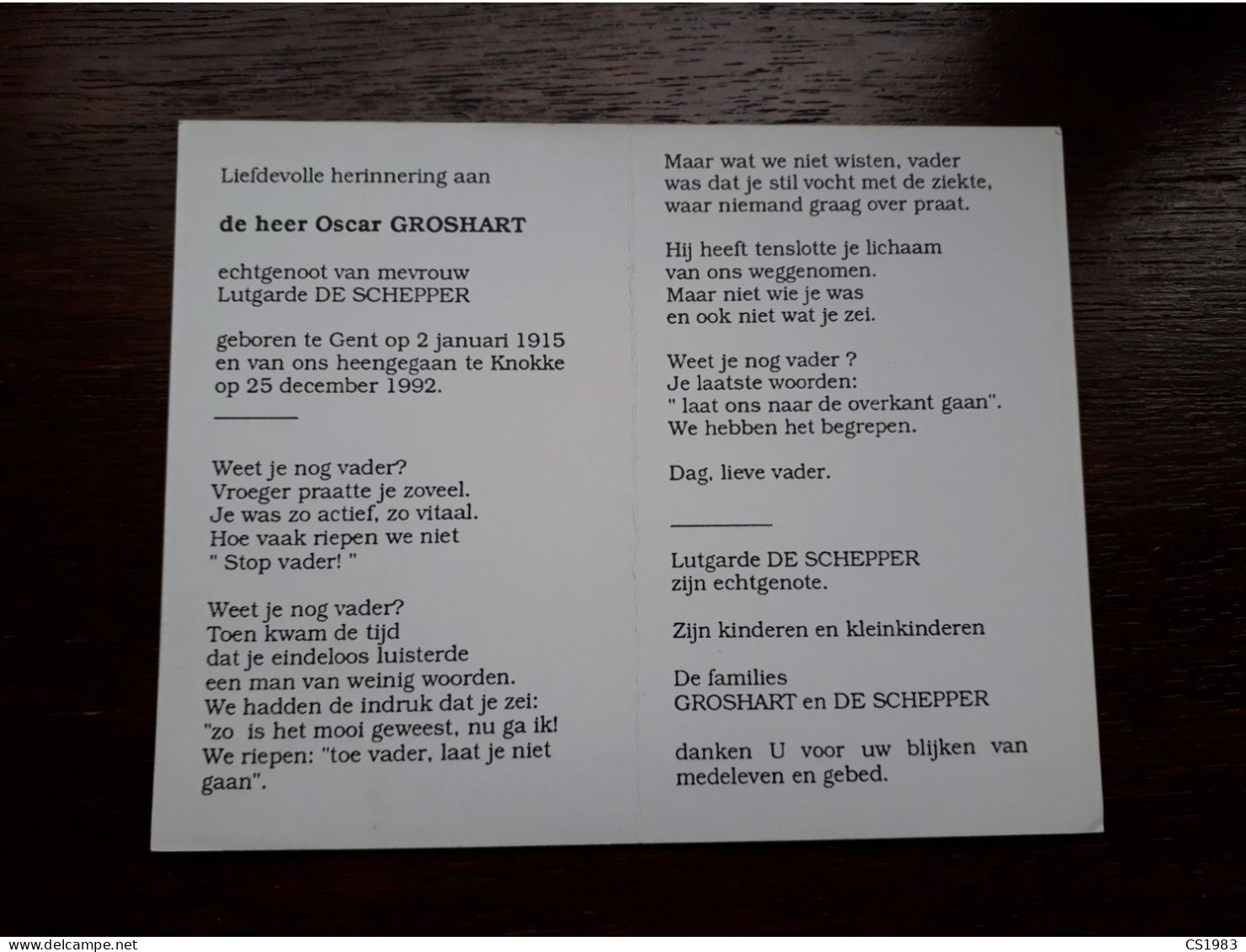 Oscar Groshart ° Gent 1915 + Knokke 1992 X Lutgarde De Schepper - Décès
