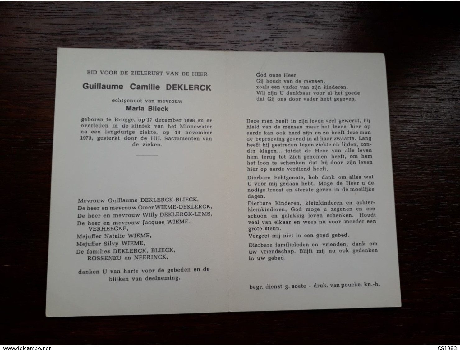 Guillaume Camille Deklerck ° Brugge 1898 + Brugge 1973 X Marie Blieck (Fam: Rosseneu-Neerinck-Wieme-Lems-Verheecke) - Obituary Notices