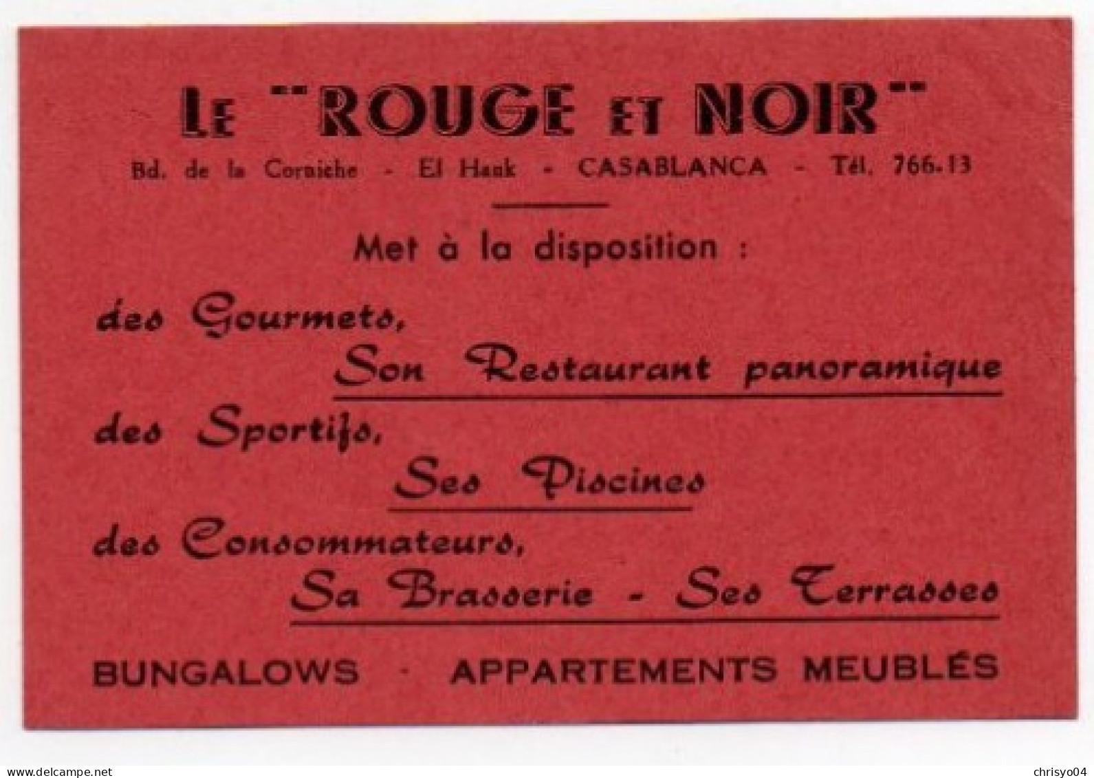 4V5HyN  Carte De Visite Publicitaire Maroc Casablanca Le Rouge Et Noir Restaurant Brasserie - Reclame