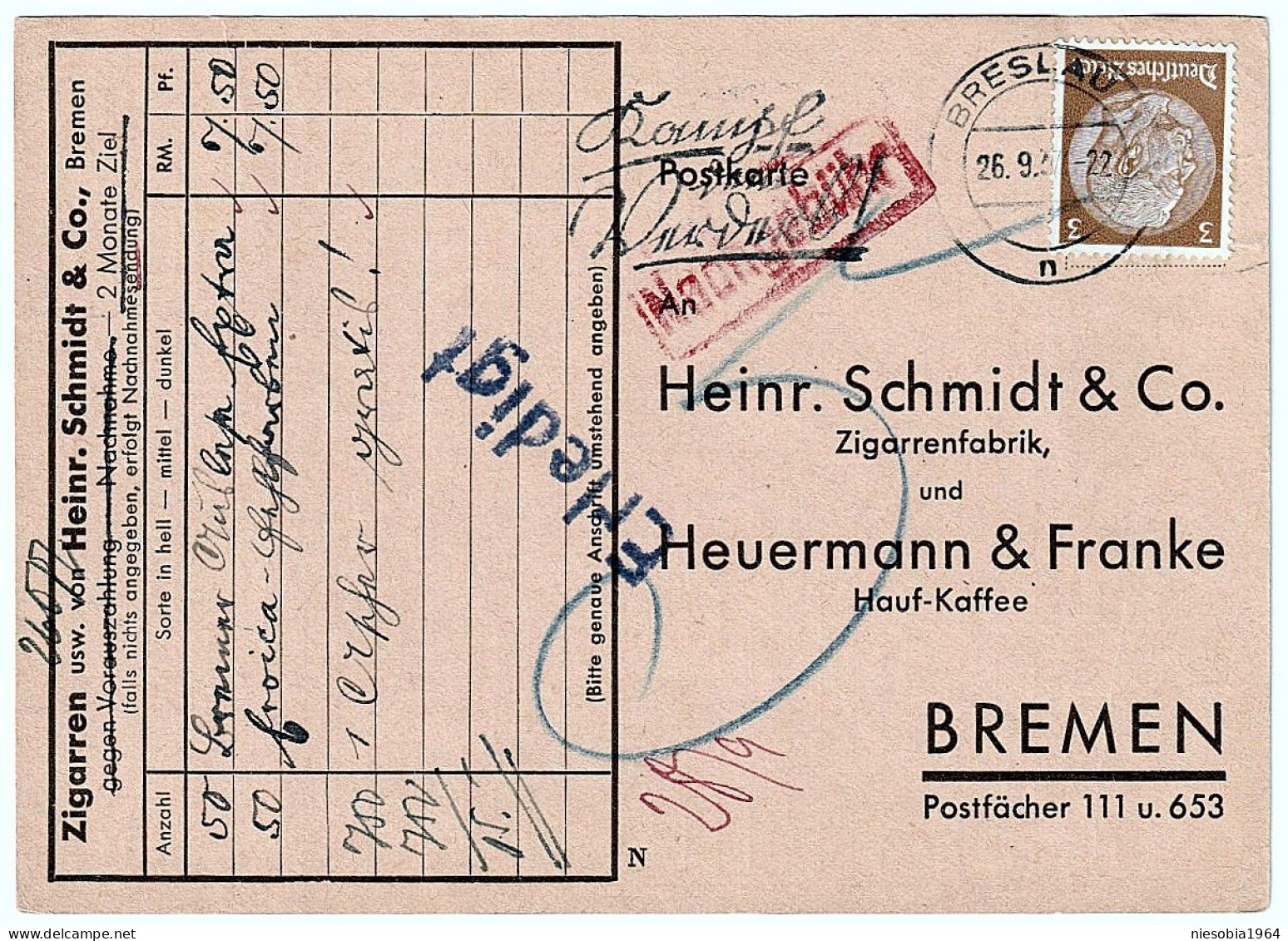 Nazi Germany H.Schmidt & Co.Cigar Factory, Heurenmann & Franke Hauf-Kaffe BRESLAU Seal Plauen 26.09.1937 - Postcards