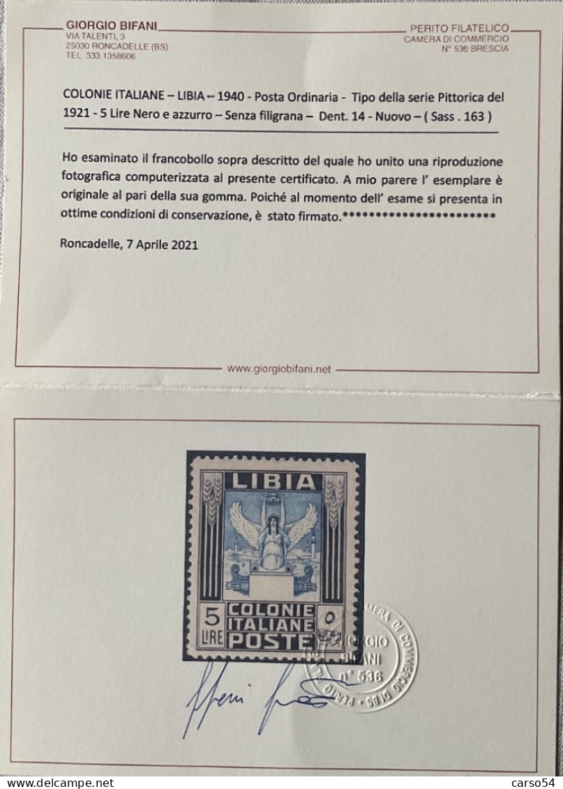 LIBIA 1940 Serie Pittorica Del 1921 5 Lire Nero Azzurro Dent. 14 Senza Filigrana (Sassone 163) - Libye