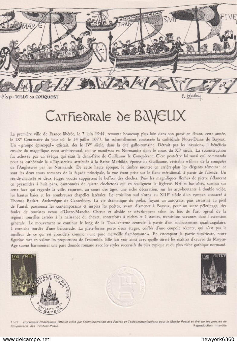 1977 FRANCE Document De La Poste Cathédrale De Bayeux  N° 1939 - Documents Of Postal Services