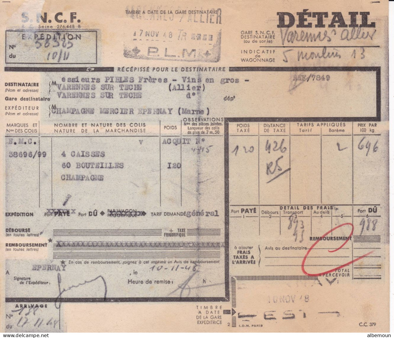 Facture Congé Champagne Mercier à Epernay Pour Pibles Frs à Varennes /Teche 1948 Et Document SNCF - 1900 – 1949