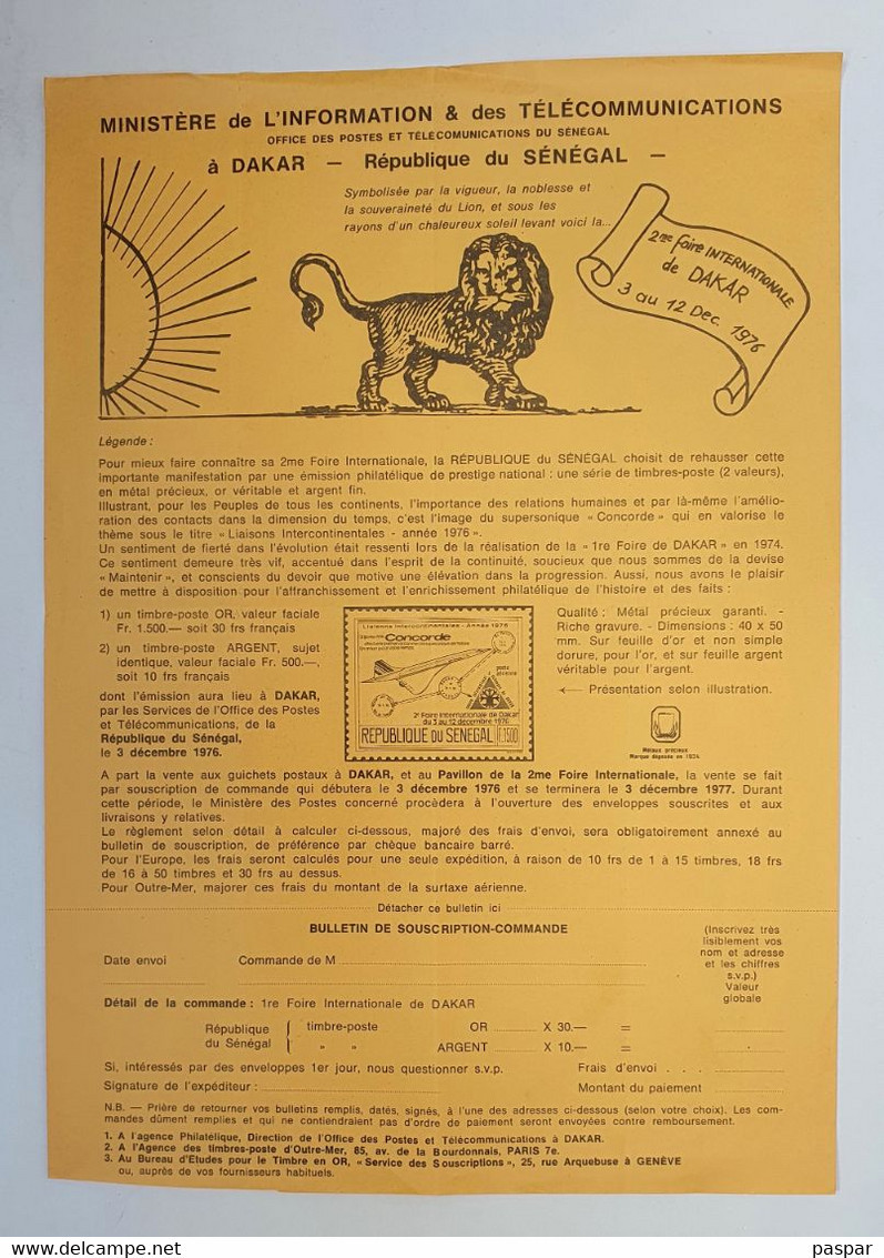 Feuille Présentation émission Timbres Or Et Argent Sénégal  1ère Foire Internationale De Dakar 1974 - Altri - Africa