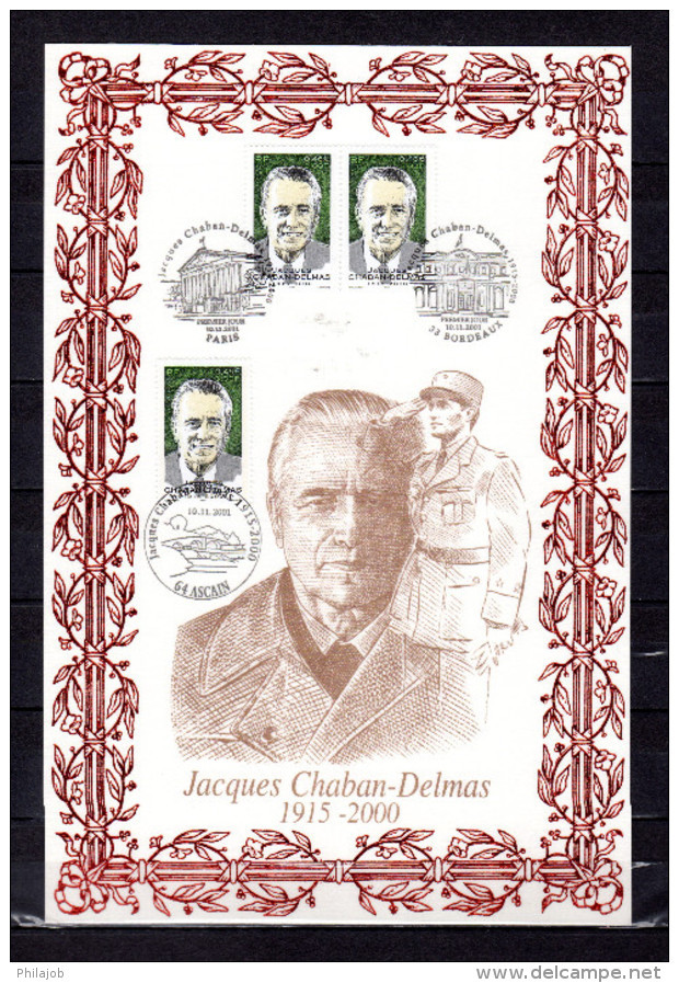 " J. CHABAN-DELMAS " Sur Encart 1er Jour N°té / Soie Rare Edit° A.M.I.S. De 2001. 3 X N° YT 3430. Parfait état FDC - Documents Of Postal Services