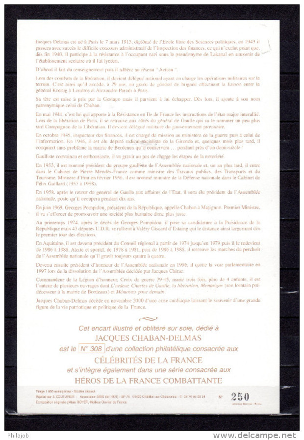 " J. CHABAN-DELMAS " Sur Encart 1er Jour N°té / Soie Rare Edit° A.M.I.S. De 2001. 3 X N° YT 3430. Parfait état FDC - Documents De La Poste