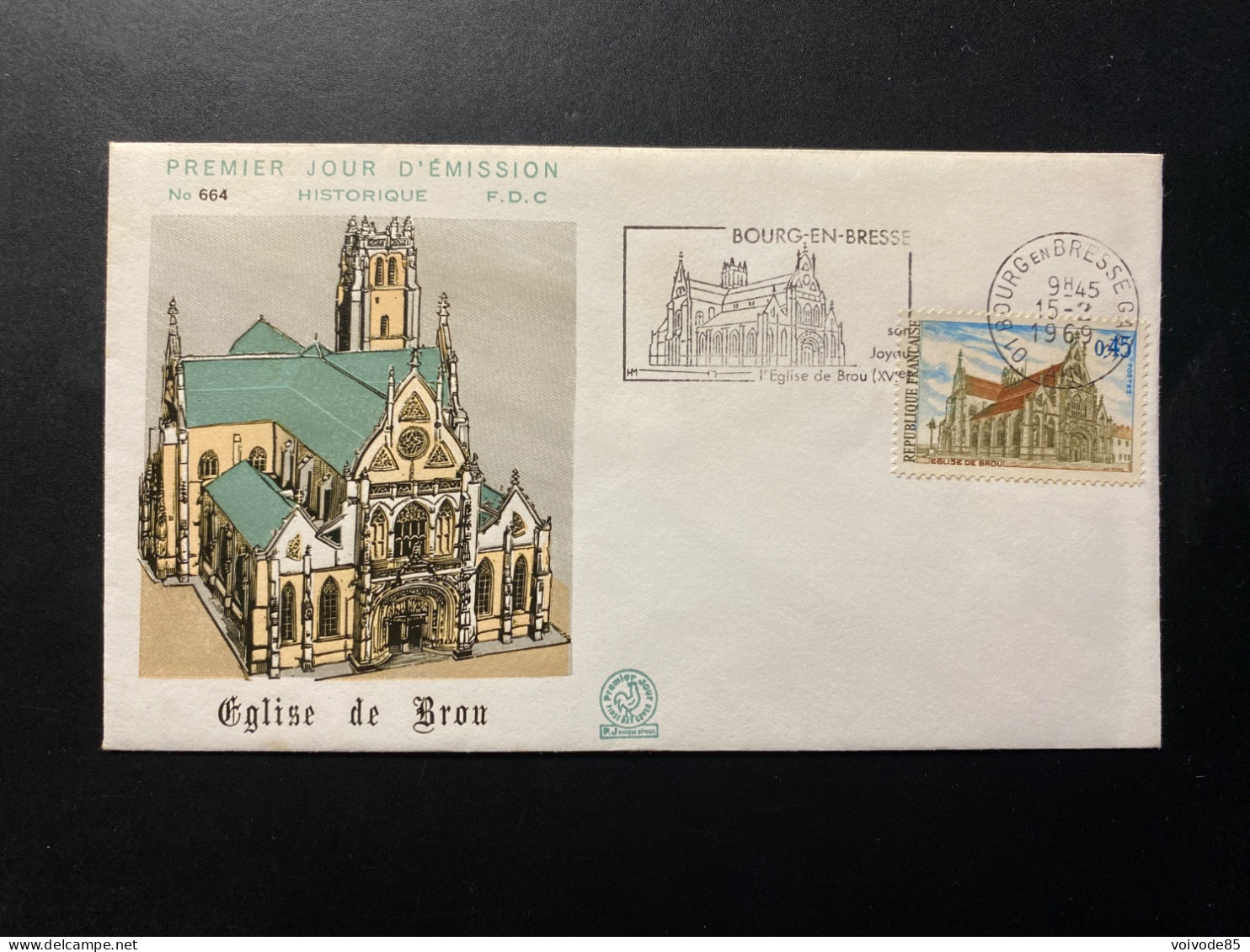 Enveloppe 1er Jour "Eglise De Brou" 15/02/1969 - Flamme - 1582 - Historique N° 664 - 1960-1969