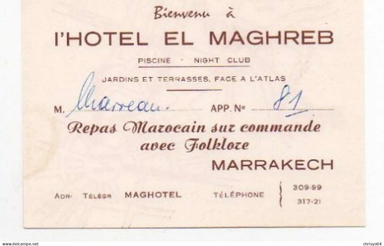 4V5HyN  Carte De Visite Publicitaire Maroc Marrakech Hotel El Maghreb - Werbung