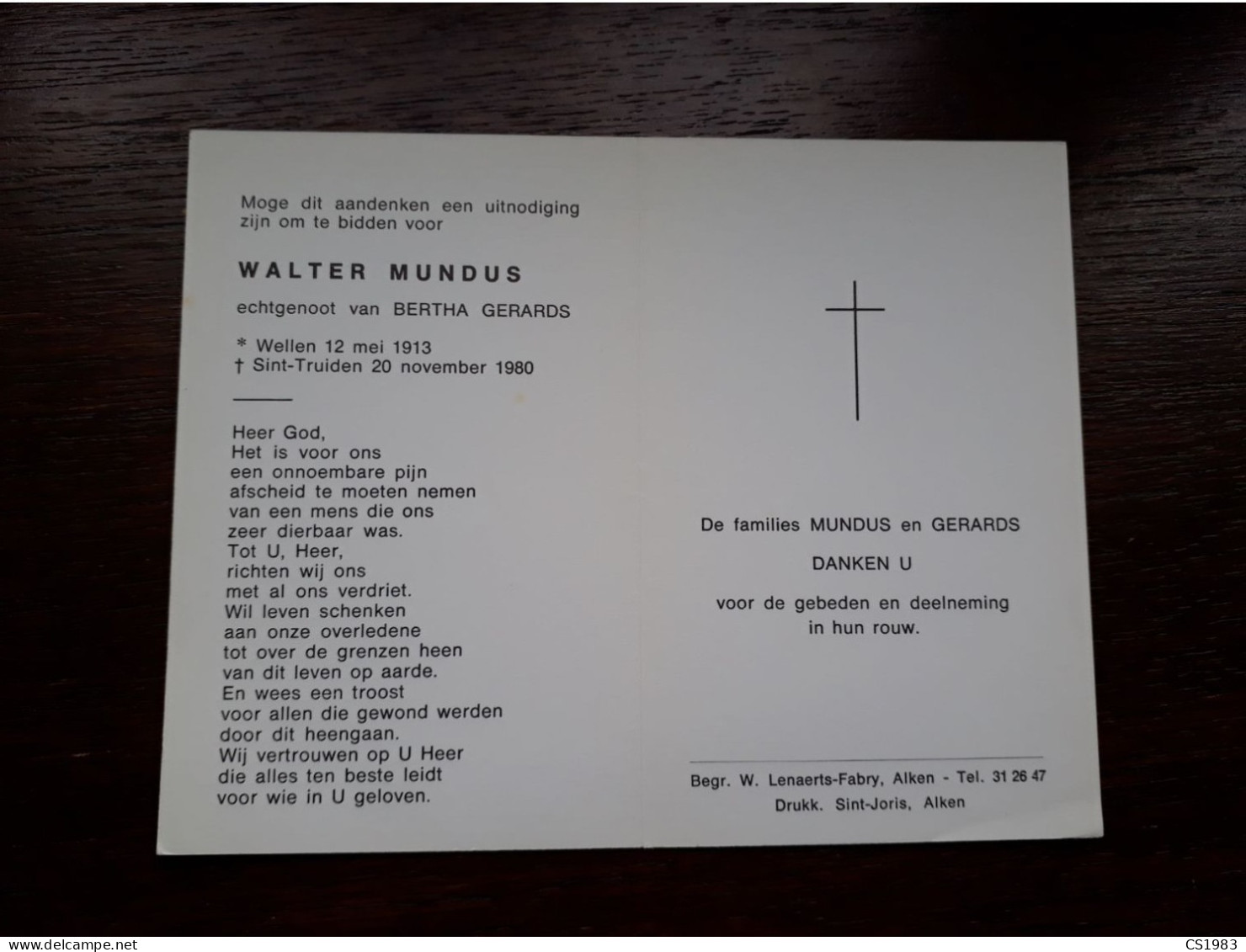 Walter Mundus ° Wellen 1913 + Sint-Truiden 1980 X Bertha Gerards - Obituary Notices