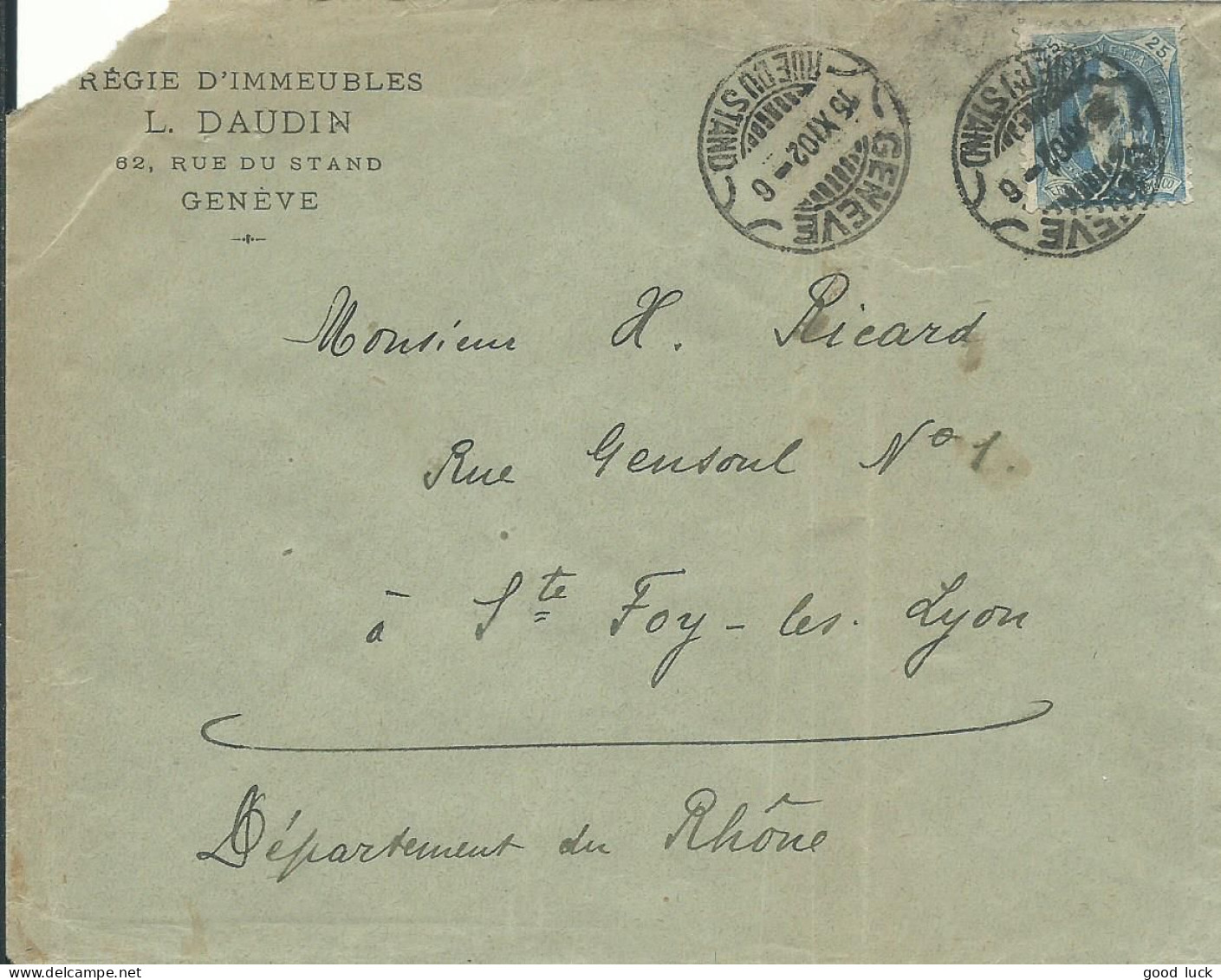 SUISSE 25c GENEVE POUR STE FOY LES LYON ( RHONE ) DE 1902 LETTRE COVER - Storia Postale
