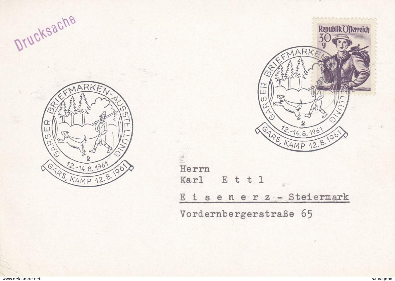 Österreich. Sonderstempel GARS Am Kamp Zur Garser Briefmarken-Ausstellung 1961, Motiv Jäger Mit Hund - Sonstige & Ohne Zuordnung