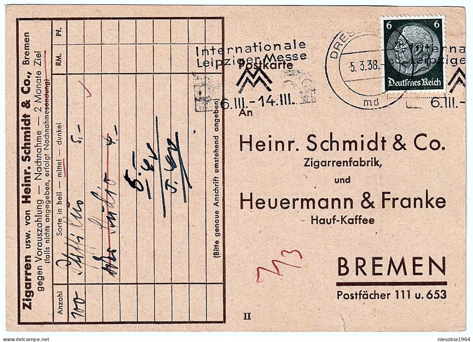 Heinr. Schmidt & Co.Zigarrenfabrik Und Heurenmann & Franke Hauf-Kaffe Siegel DRESDEN Internazionale Leipziger Messe 1938 - Postcards