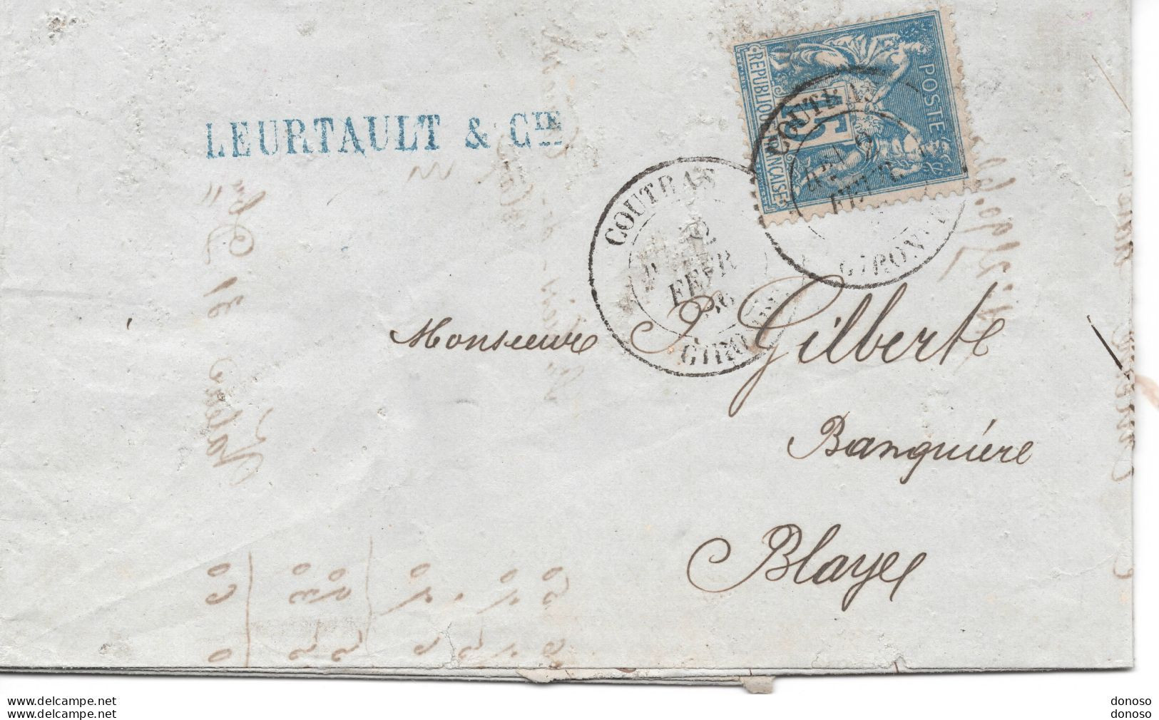 Facture Envoyée De Coutras à Blaye 3 Février 1886 Type Sage - 1877-1920: Semi Modern Period