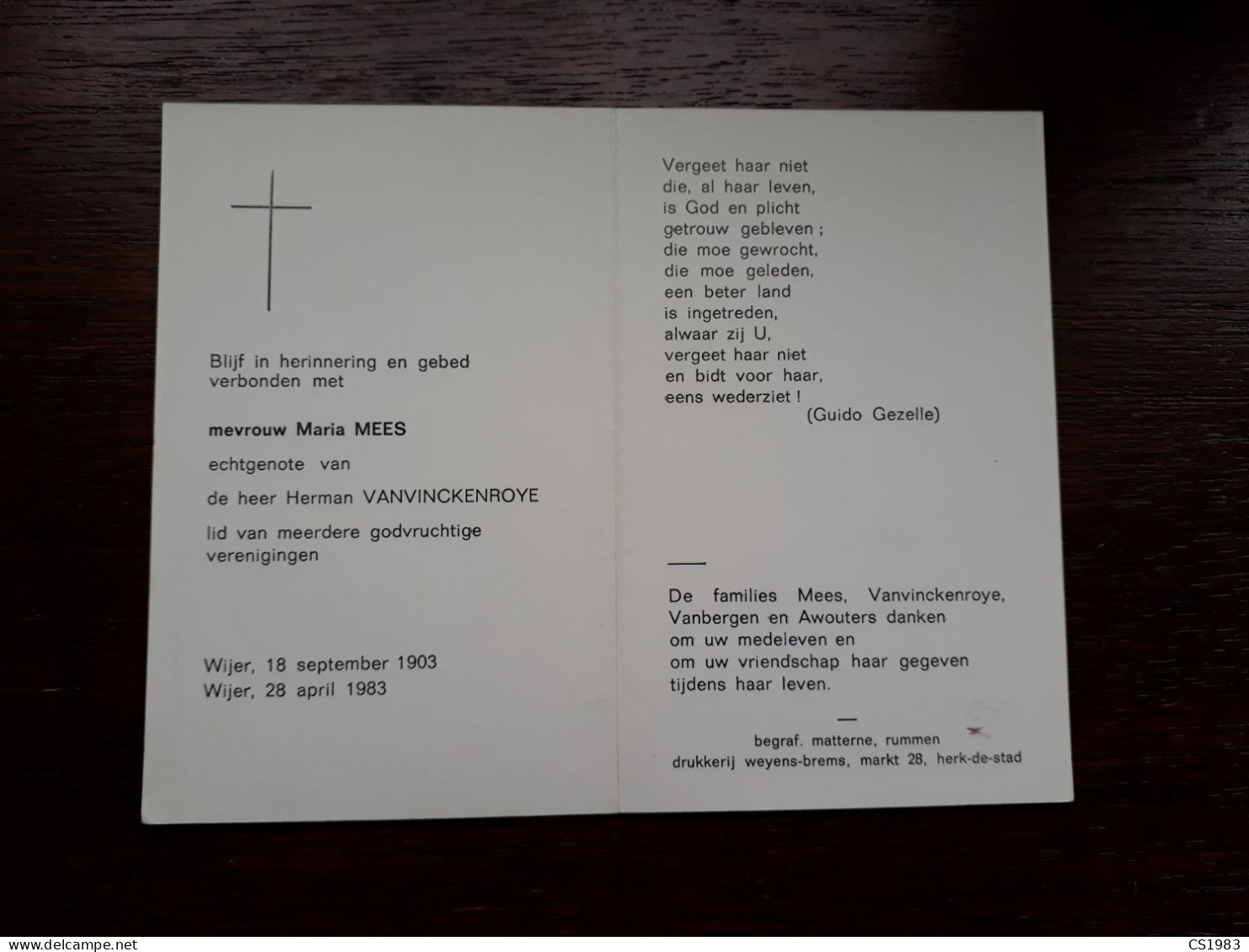 Maria Mees ° Wijer 1903 + Wijer 1983 X Herman Vanvinckenroye (Fam: Vanbergen - Awouters) - Todesanzeige
