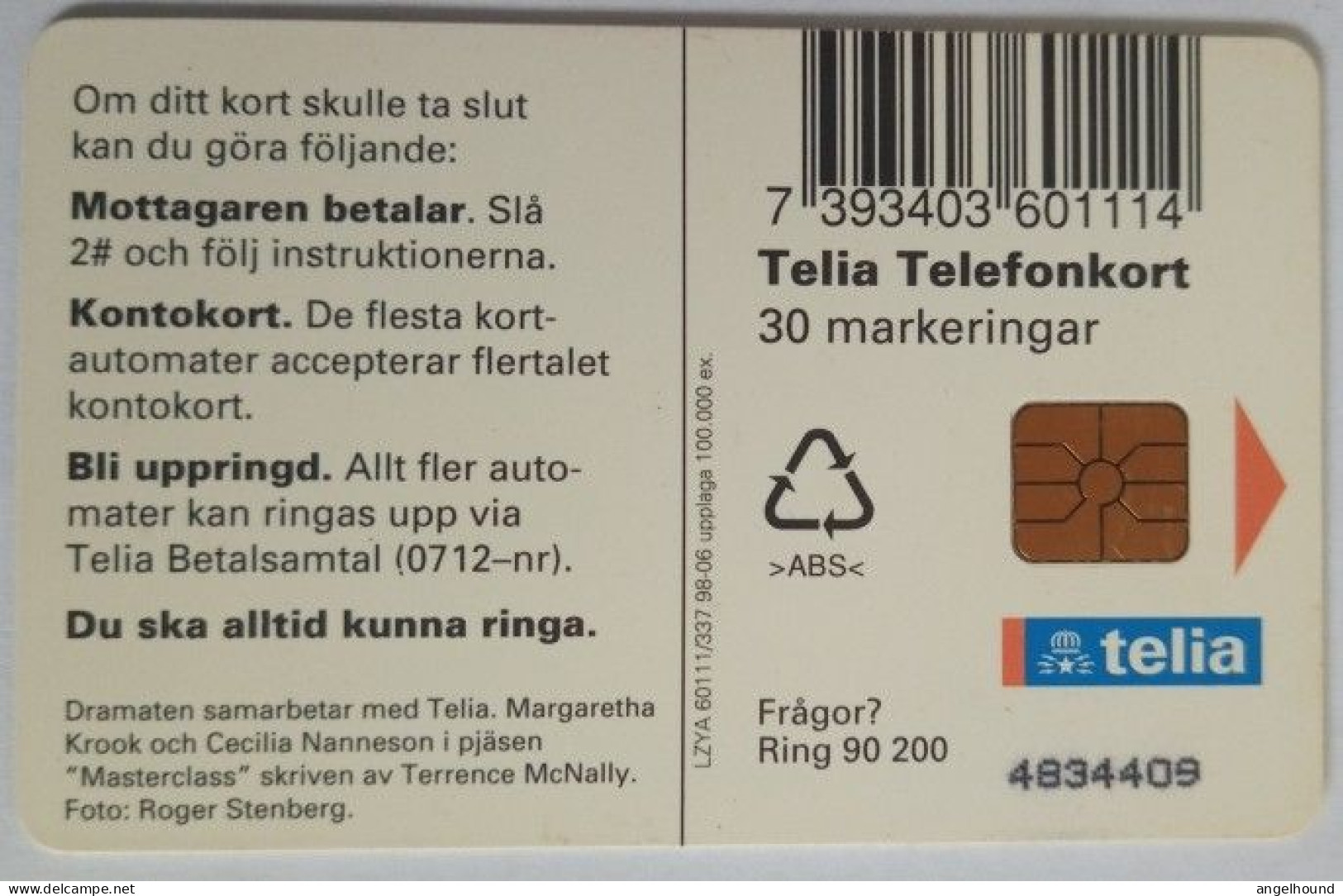 Sweden 30Mk. Chip Card - Theatere M. Krook - Dramaten , Margaretha Krook - Zweden