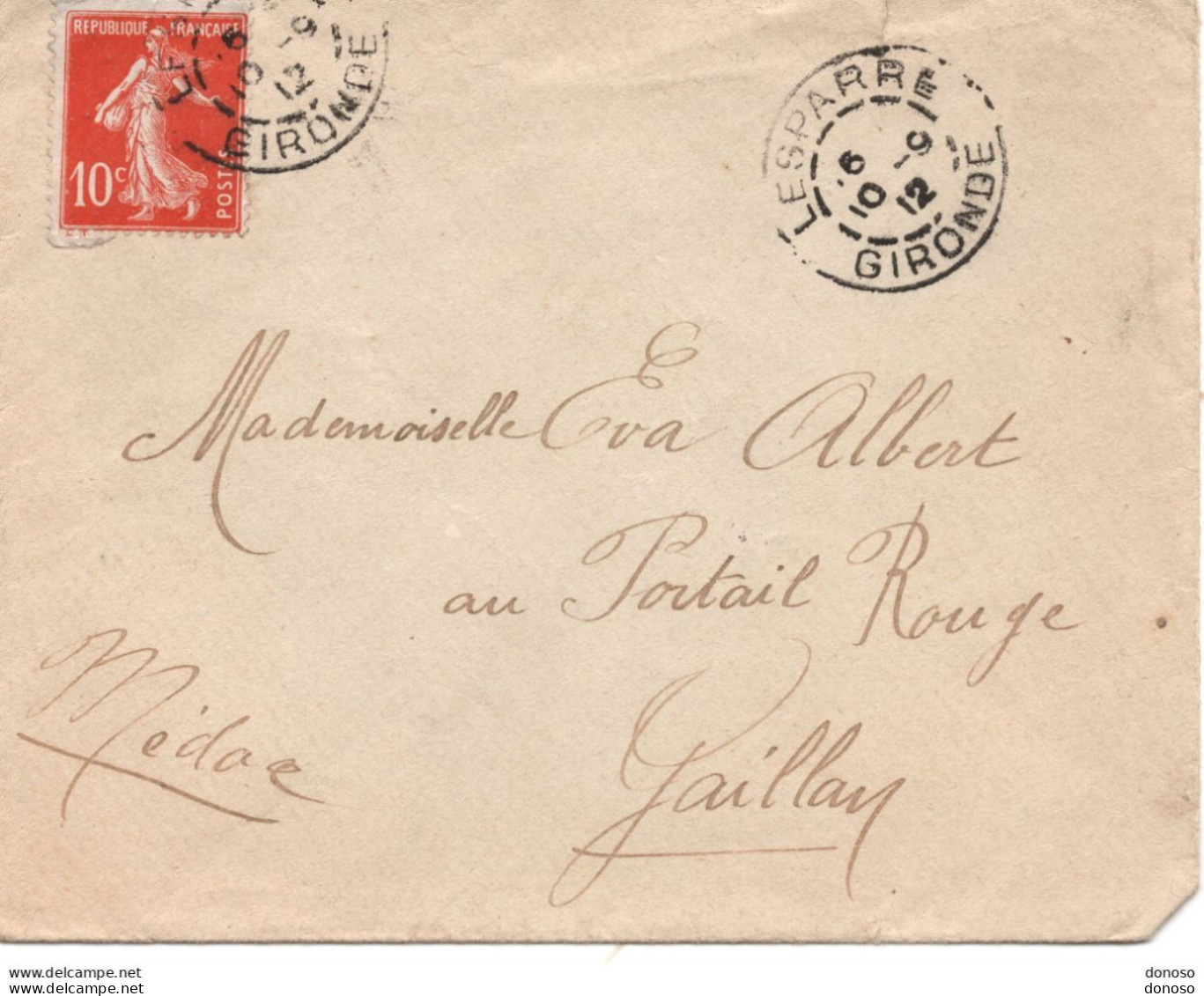 Lettre De 1912 De Lesparre Pour Gaillac Type Semeuse Fond Plein - 1877-1920: Periodo Semi Moderno