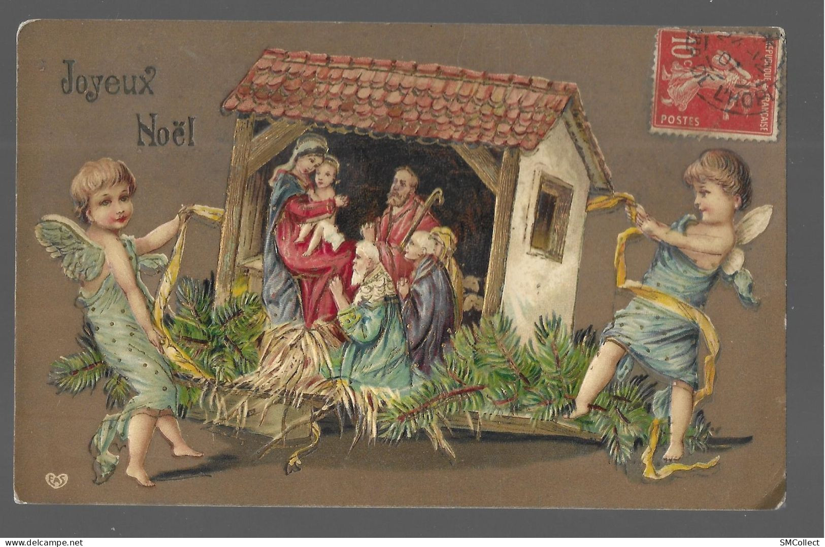 Joyeux Noël. Rare Et Superbe Carte Gaufrée (Anges, Crèche, Marie, Joseph, Jésus, Rois Mages ...) - (A18p53) - Other & Unclassified