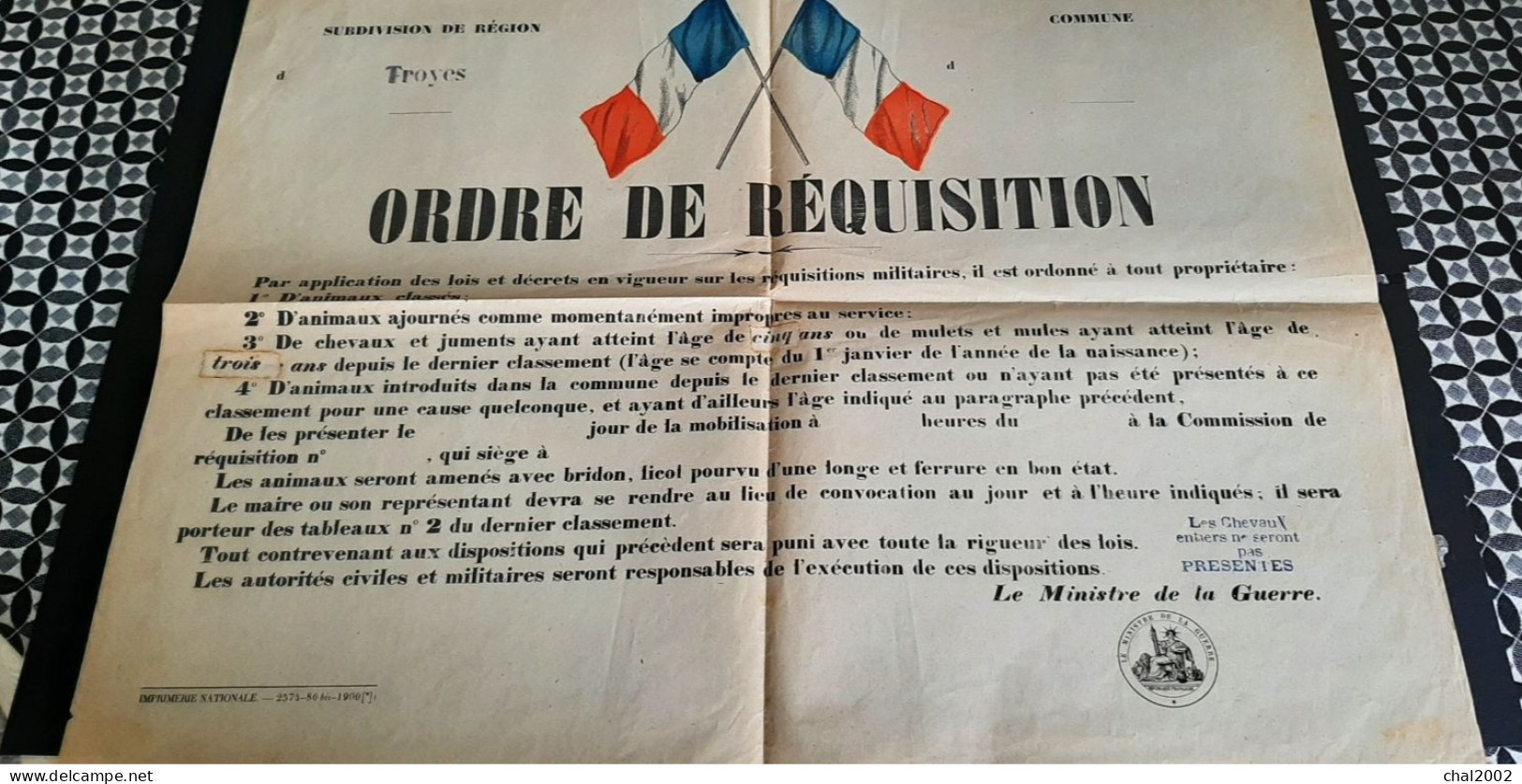 1914 1918 Ordre De Réquisition  Subdivision De Région Troyes - Documents
