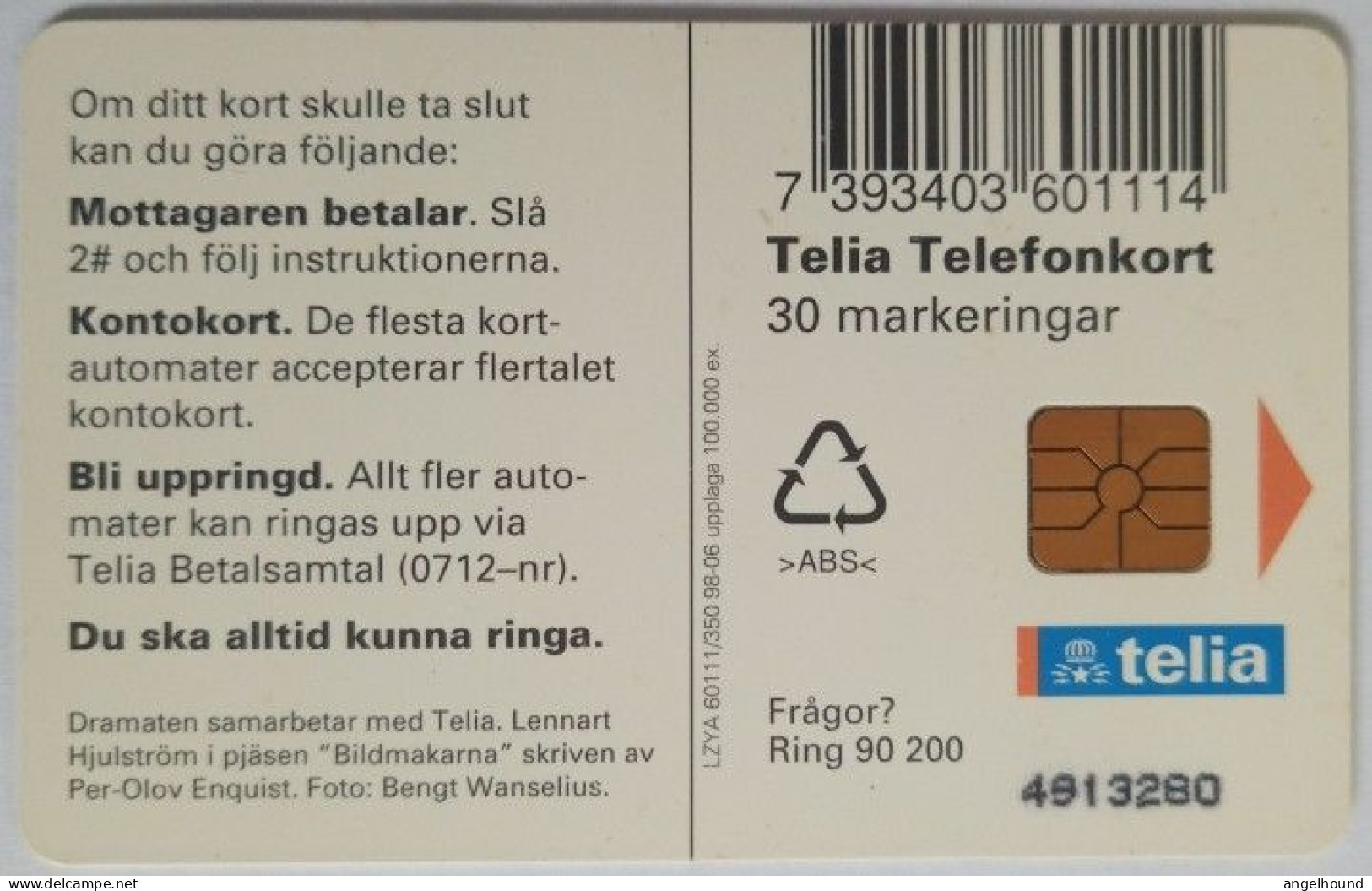 Sweden 30Mk. Chip Card - Theatre L. Julstrom - Dramaten Lennart Hjulstrom - Svezia