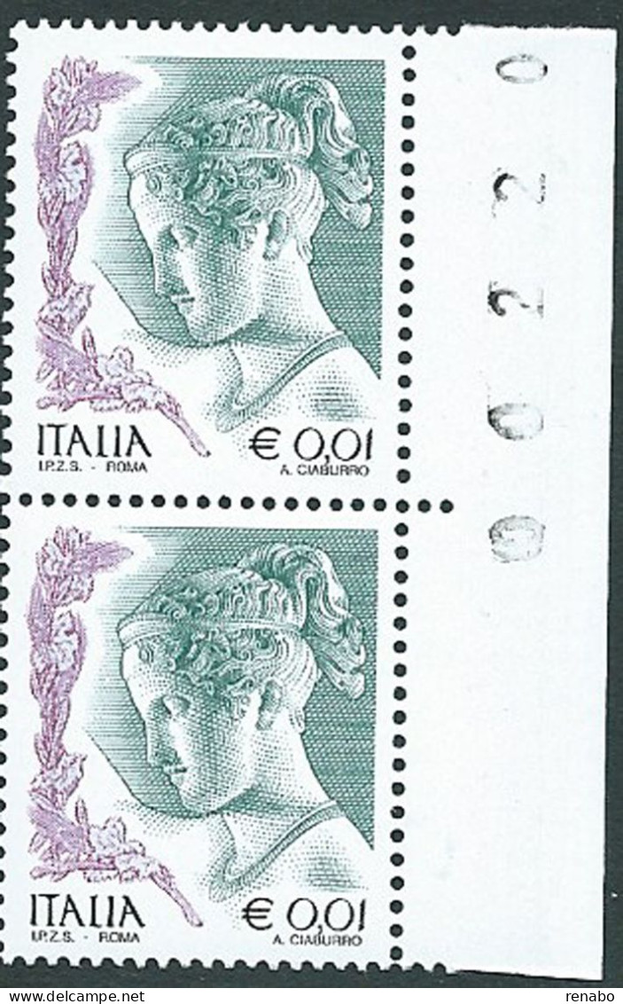 Italia 2002 ; “La Donna Nell' Arte” ; Da € 0,01 : Coppia Di Bordo Destro Con Numero Del Foglio. - 2001-10: Neufs