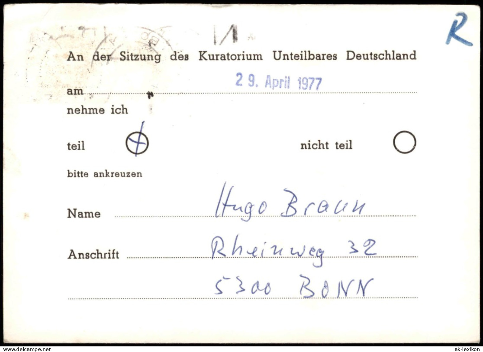 Ansichtskarte  Drucksache Kuratorium Unteilbares Deutschland Politik 1977 - Ohne Zuordnung