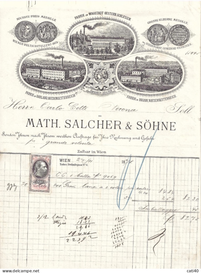 MATH.SALCHER & SOHN - WIEN - FABBRICA TESSUTI,BOTTONI,...FATTURA CON FOTO STABILIMENTI E MARCA DA BOLLO DEL 24/1/1878 - Documents Historiques