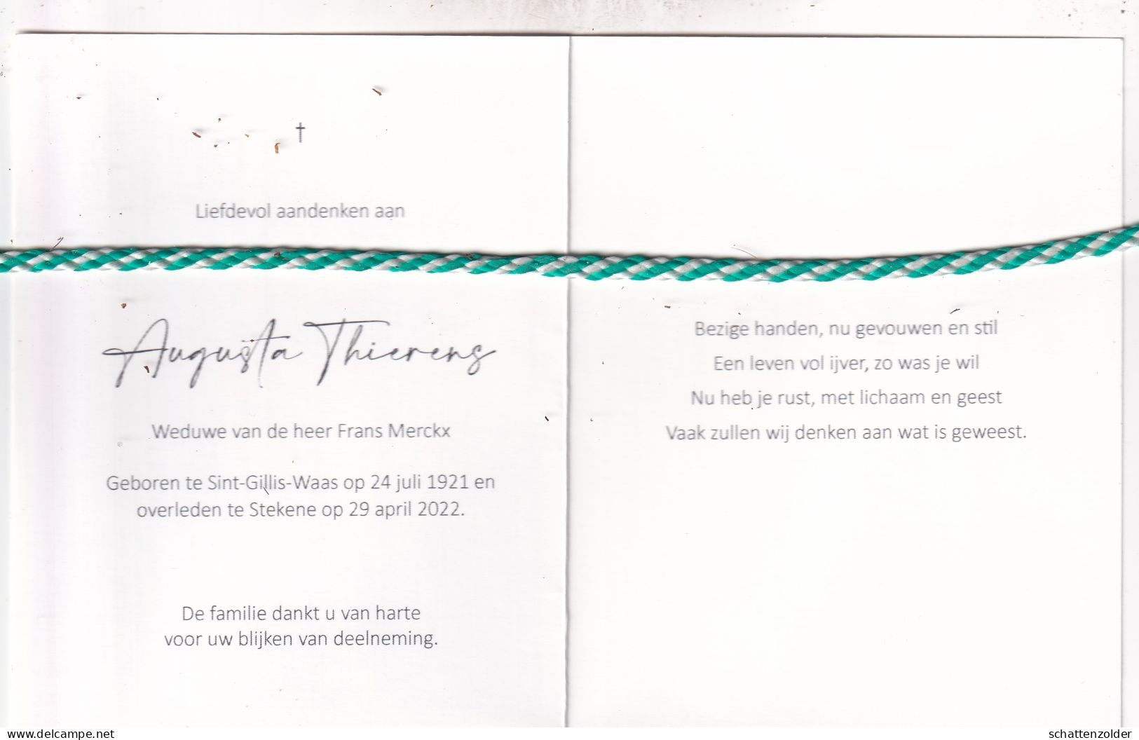 Augusta Thierens-Merckx, Sint-Gillis-Waas 1921; Stekene 2022. Honderdjarige. Foto - Obituary Notices
