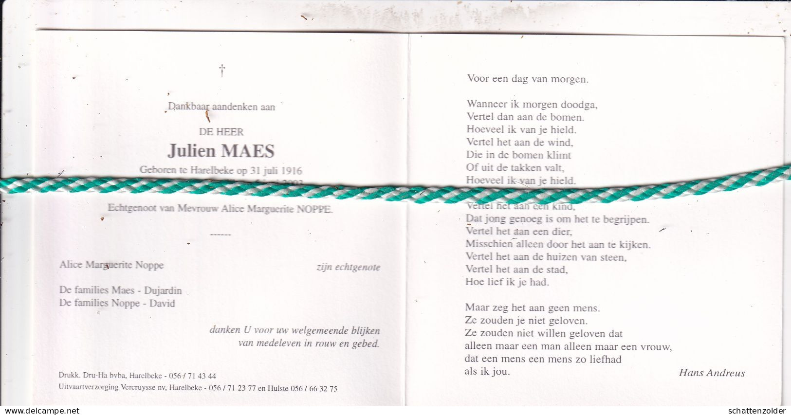 Julien Maes-Noppe, Harelbeke 1916, Kortrijk 2003. Foto - Obituary Notices