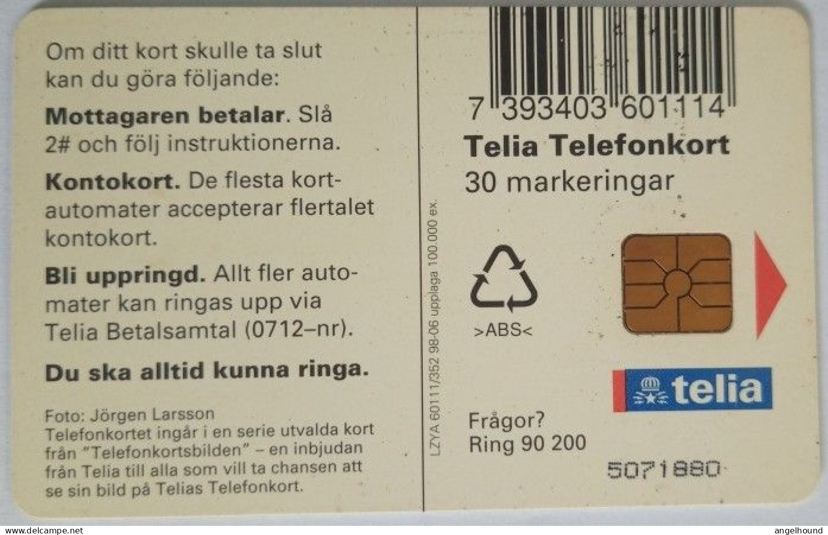 Sweden 30Mk. Chip Card - Kitty In A Churn - Cat In A Bottle - Sweden