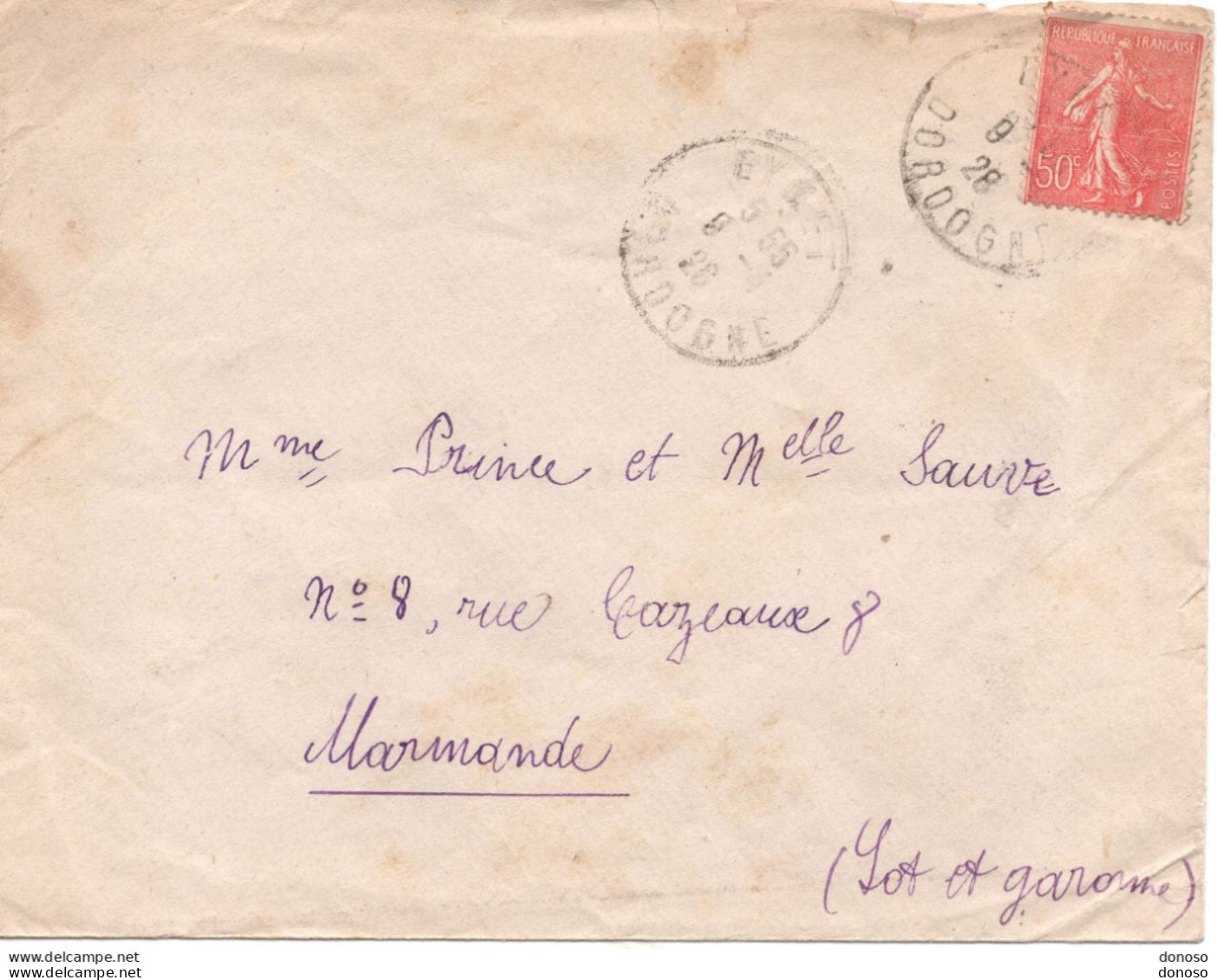 Lettre De 1928 D'Eymet Pour Marmande  Type Semeuse Lignée - 1921-1960: Période Moderne