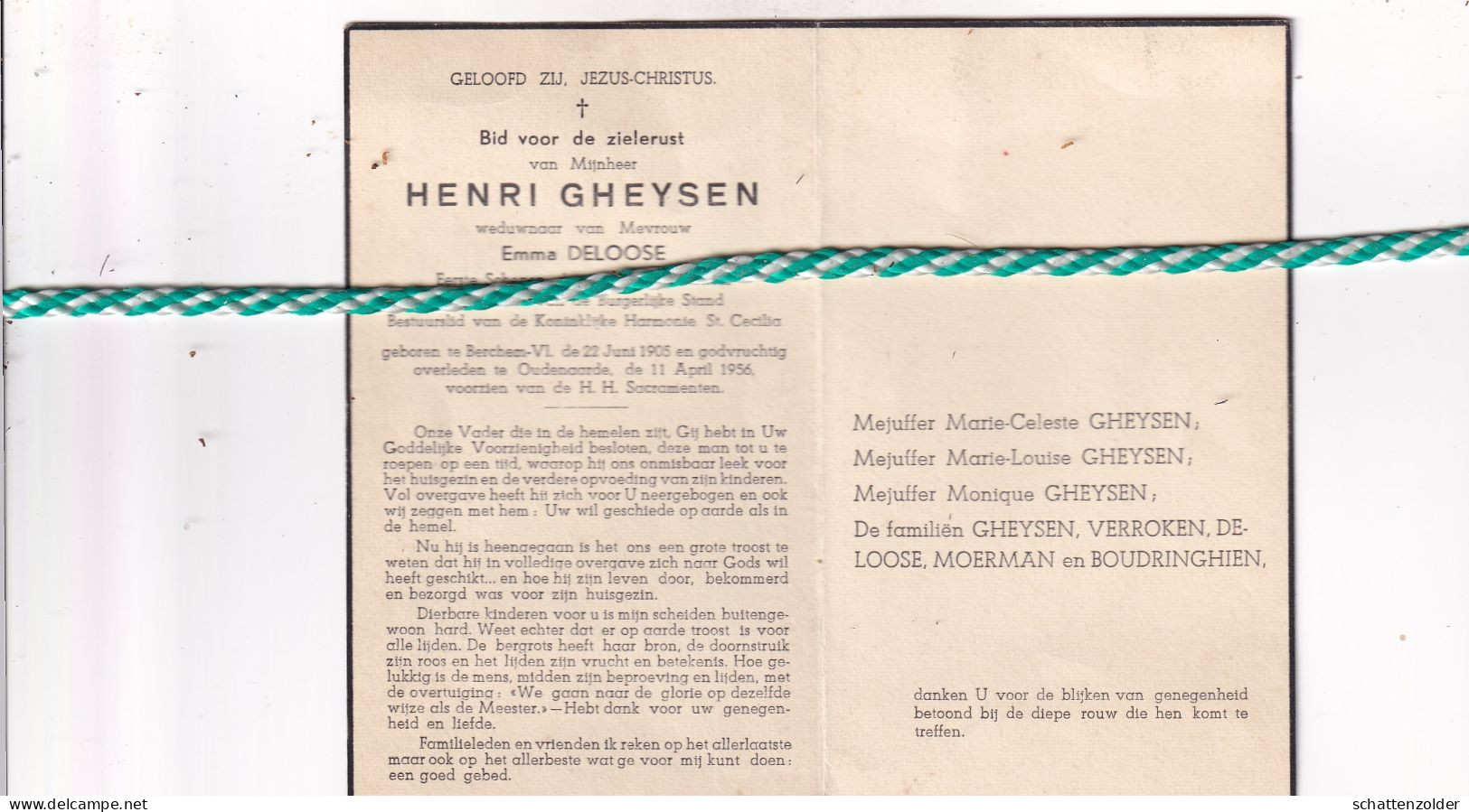 Henri Gheysen-Deloose, Berchem (Vl.) 1905, Oudenaarde 1956. Eerste Schepen Gemeente Berchem - Obituary Notices