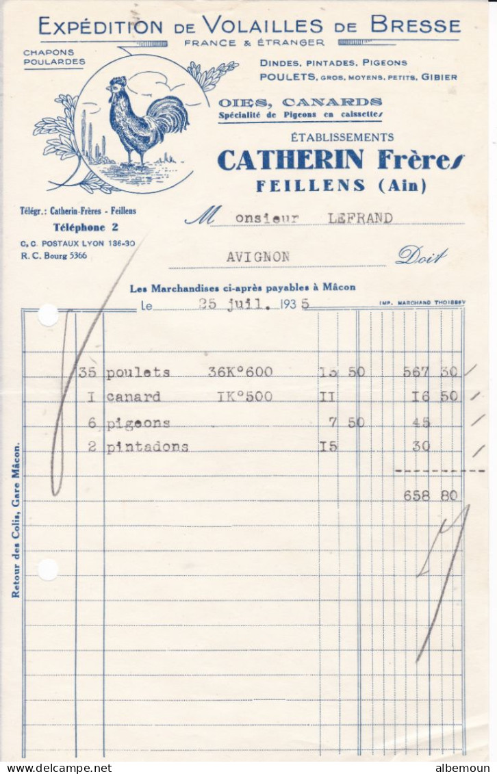 Facture CATHERIN Frs  Volailles De Bresse à Feillens Pour Legrand à Avignon 1935 - 1900 – 1949