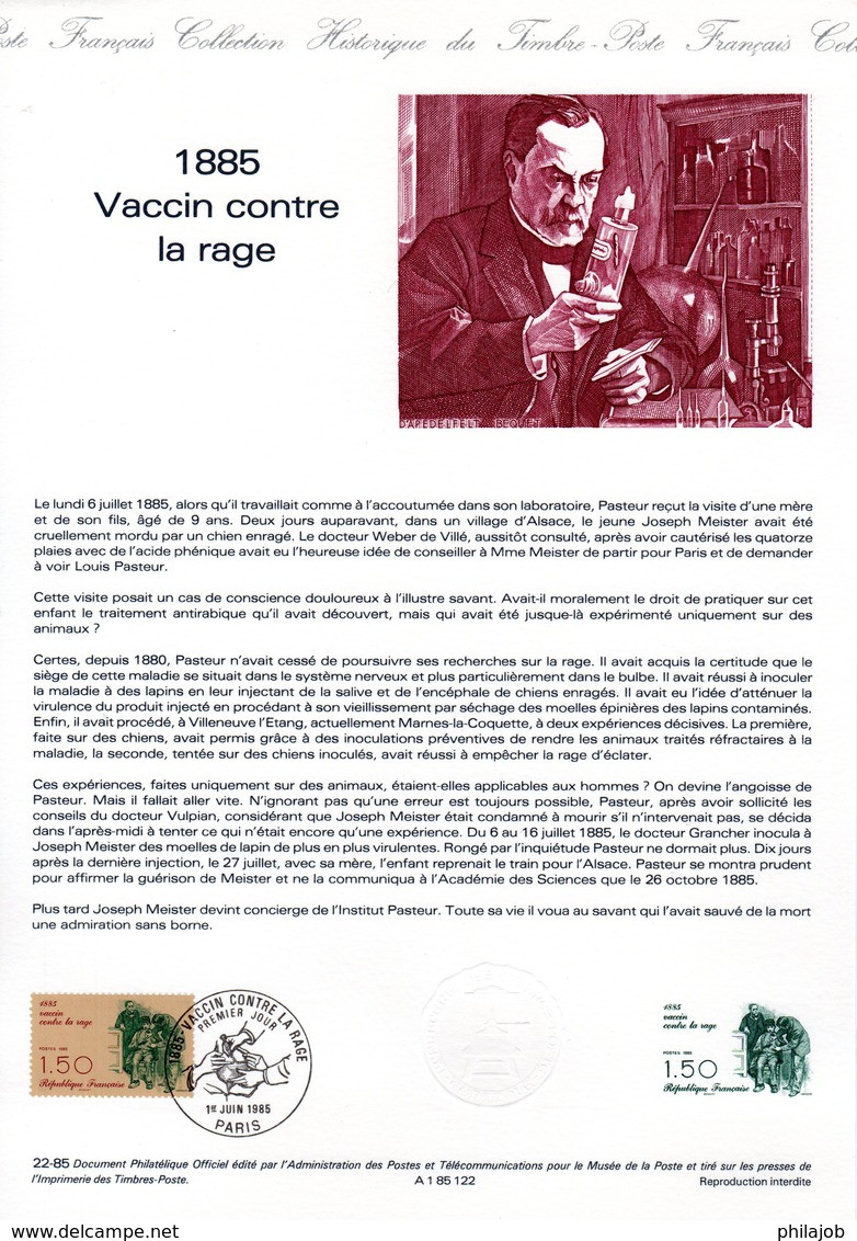 " VACCIN CONTRE LA RAGE / PASTEUR " Sur Document Philatélique Officiel De 1985 N° YT 2371. DPO à Saisir !!! - Louis Pasteur